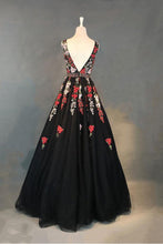 Backless Prom Dresses A-line V-neck Floor-length Embroidery Long Black Prom Dress JKL1283|Annapromdress