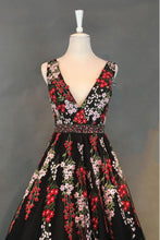 Backless Prom Dresses A-line V-neck Floor-length Embroidery Long Black Prom Dress JKL1283|Annapromdress