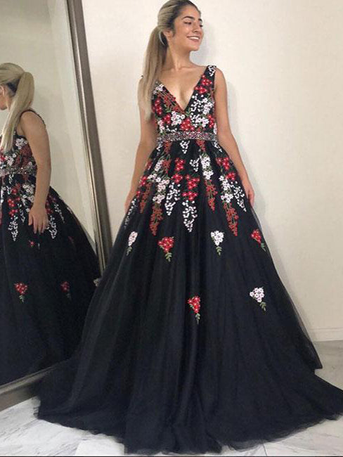 Backless Prom Dresses A-line V-neck Floor-length Embroidery Long Black Prom Dress JKL1283|Annapromdress