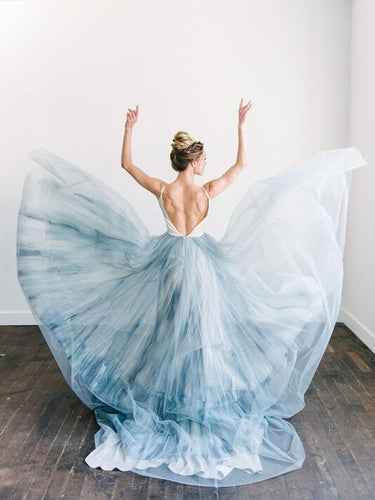 Open Back Prom Dresses Spaghetti Straps Aline Sexy Dusty Blue Long Simple Prom Dress JKL1288|Annapromdress