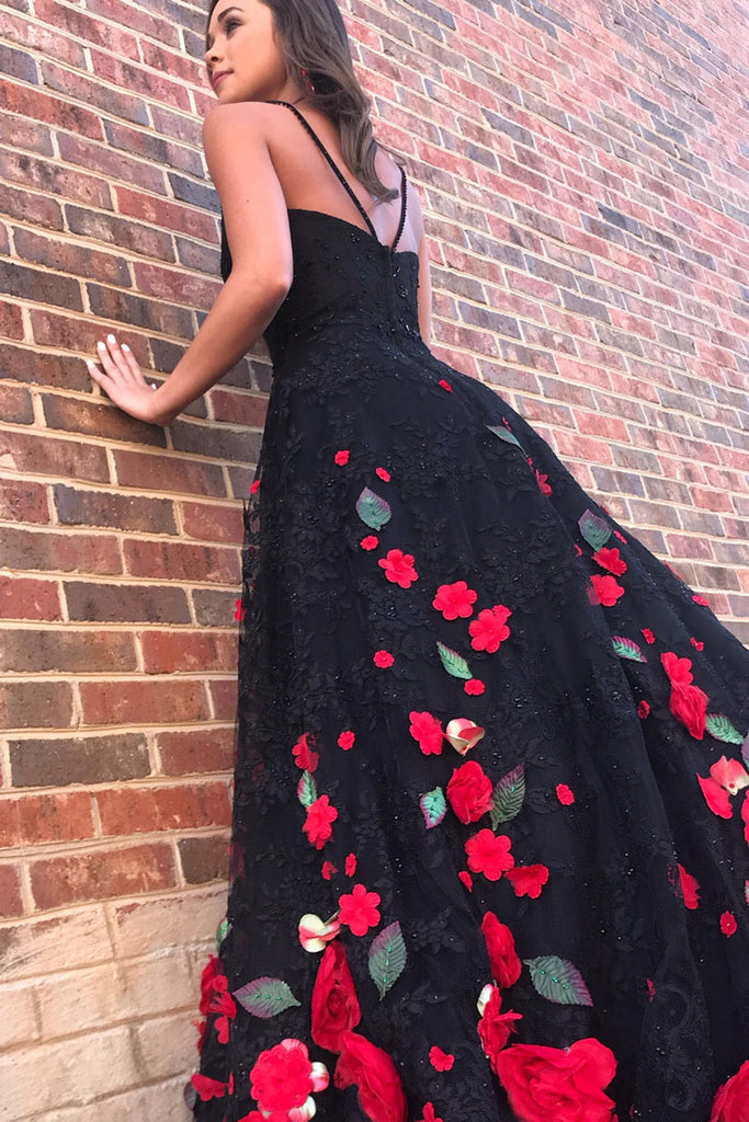 Black Prom Dresses Spaghetti Straps Red Flowers Long Prom Dress Sexy E   Anna PromDress