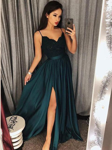 Cheap Prom Dresses Spaghetti Straps Aline Chic Long Simple Dark Green Slit Prom Dress JKL1316|Annapromdress