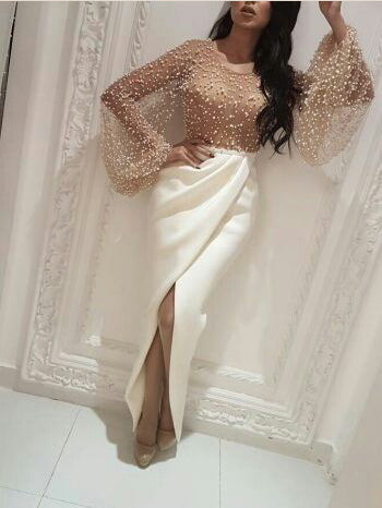 Long Sleeve Prom Dresses with Slit Scoop Sheath Beading Prom Dress Sexy Evening Dress JKL1318|Annapromdress