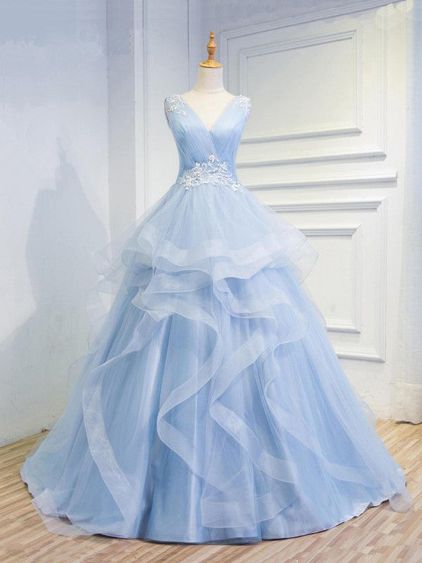 Beautiful Prom Dresses V-neck Ball Gown Sweep Train Long Chic Open Back Prom Dress JKL1344|Annapromdress