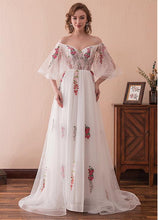 Fairy Prom Dresses A-line Off-the-shoulder Short Train Half Sleeve Long Prom Dress JKL1346|Annapromdress