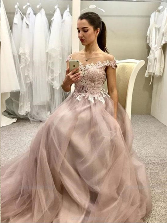 Chic Prom Dresses Bateau Aline Floor-length Appliques Long Tulle Prom Dress JKL1347|Annapromdress