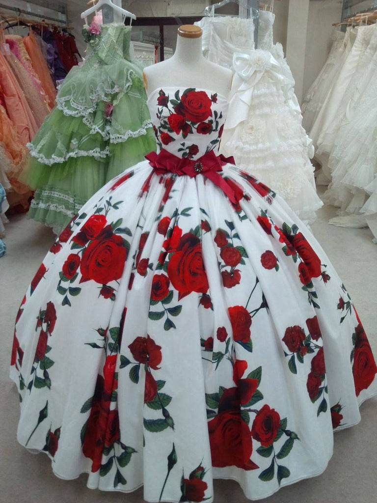 Ball Gown Prom Dresses Strapless Rose Floral Print Red and White Long –  Anna PromDress