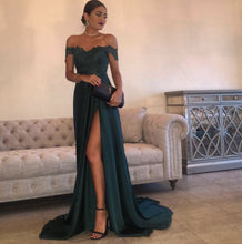 Dark Green Prom Dresses Off-the-shoulder Slit Sexy Prom Dress/Evening Dress JKL140