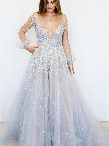 Long Sleeve Prom Dresses A Line Deep V Open Back Sexy Spparkly Prom Dress JKL1448|Annapromdress