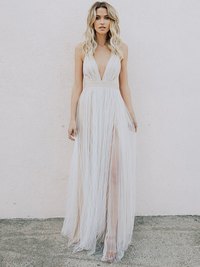 Cheap Prom Dresses Criss-Cross Straps Long Chic Lace Double Slit Prom Dress JKL1455|Annapromdress