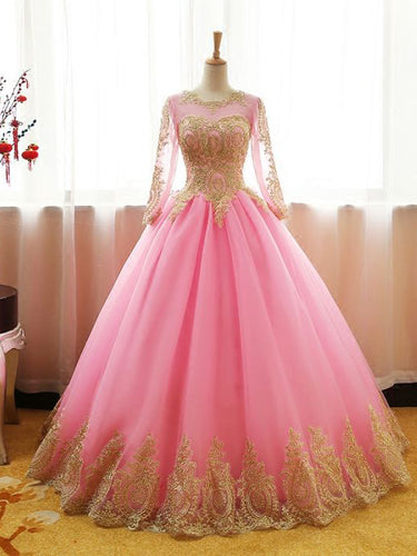 Long Sleeve Prom Dresses Gold Appliques Long Lace-up Pink Ball Gown Prom Dress JKL1480|Annapromdress