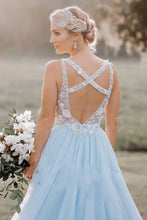 Open Back Prom Dresses with Straps A Line V-neck Long Embroidery Sky Blue Prom Dress JKL1522|Annapromdress