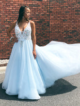 Open Back Prom Dresses with Straps A Line V-neck Long Embroidery Sky Blue Prom Dress JKL1522|Annapromdress