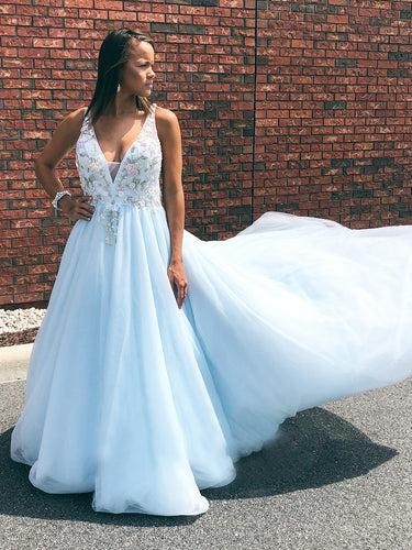 Open Back Prom Dresses with Straps A Line V-neck Long Embroidery Sky Blue Prom Dress JKL1522|Annapromdress
