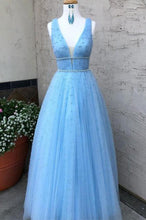 Sparkly Prom Dresses with Straps Long Pearl Beading Prom Dress Sky Blue Evening Dress JKL1532|Annapromdress