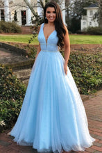 Sparkly Prom Dresses with Straps Long Pearl Beading Prom Dress Sky Blue Evening Dress JKL1532|Annapromdress
