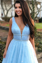 Sparkly Prom Dresses with Straps Long Pearl Beading Prom Dress Sky Blue Evening Dress JKL1532|Annapromdress