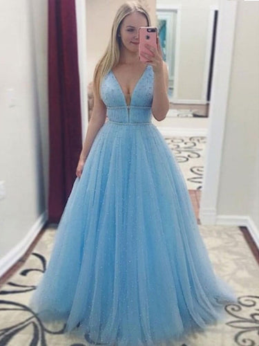 Sparkly Prom Dresses with Straps Long Pearl Beading Prom Dress Sky Blue Evening Dress JKL1532|Annapromdress
