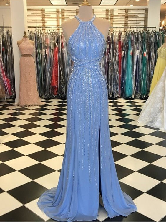 Sparkly Prom Dresses Column Beading Halter Luxury Open Back Prom Dress JKL1541|Annapromdress