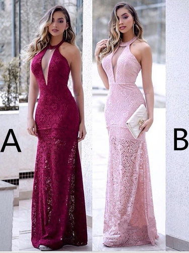 Burgundy Prom Dresses Halter Sheath Lace Sexy Beautiful Pink Prom Dress JKL1548|Annapromdress
