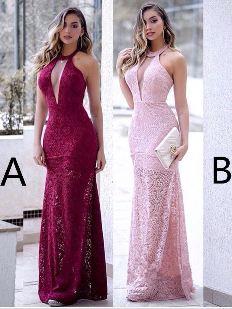 Burgundy Prom Dresses Halter Sheath Lace Sexy Beautiful Pink Prom Dress JKL1548|Annapromdress