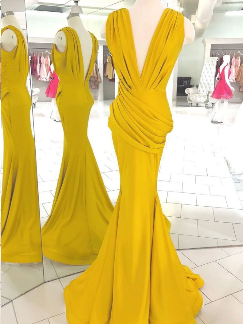Open Back Prom Dresses Deep V Neck Ruffles Long Simple Mermaid Prom Dress JKL1589|Annapromdress