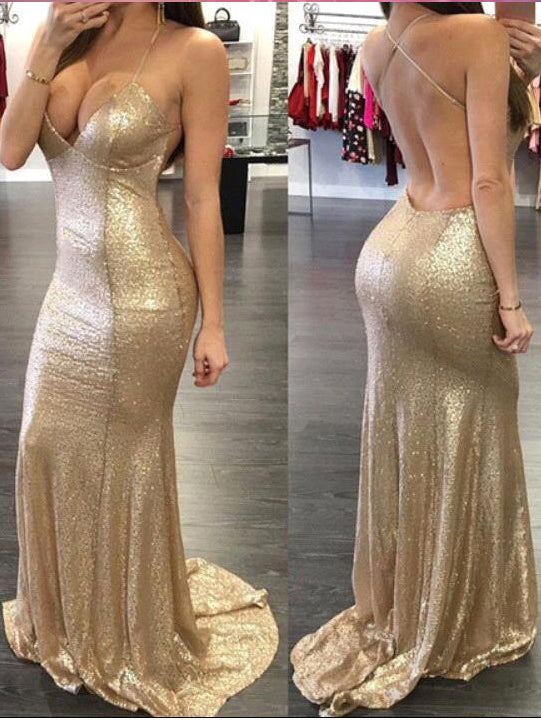 Exquisite Long Champagne Column Spaghetti Straps Lace Rhinestones Prom Dress with Slit