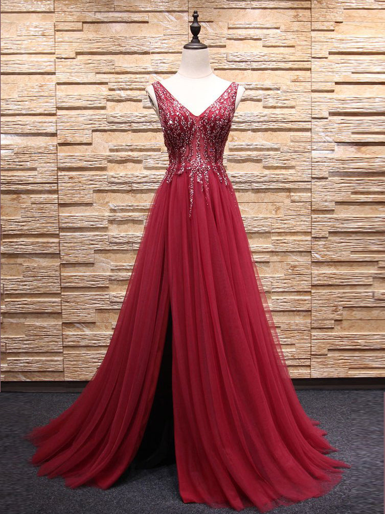 Sparkly Prom Dresses with Slit Aline V-neck Beaded Brush Train Long Burgundy Prom Dress JKL1601|Annapromdress