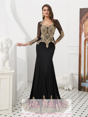 Long Sleeve Prom Dresses V-neck Mermaid Cape Black Prom Dress Fashion Evening Dress JKL1609|Annapromdress