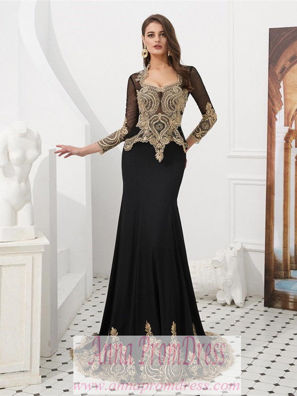 Long Sleeve Prom Dresses V-neck Mermaid Cape Black Prom Dress Fashion Evening Dress JKL1609|Annapromdress