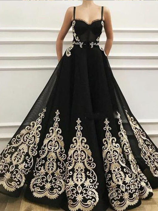 Black Prom Dresses with Straps Gold Appliques Sparkly Prom Dress A Line Evening Dress JKL1653|Annapromdress