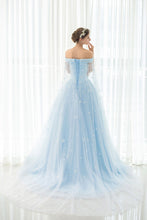 Light Sky Blue Prom Dresses Off-the-shoulder Sweep/Brush Train Tulle Prom Dress/Evening Dress JKL166