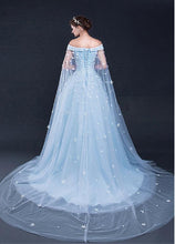 Light Sky Blue Prom Dresses Off-the-shoulder Sweep/Brush Train Tulle Prom Dress/Evening Dress JKL166