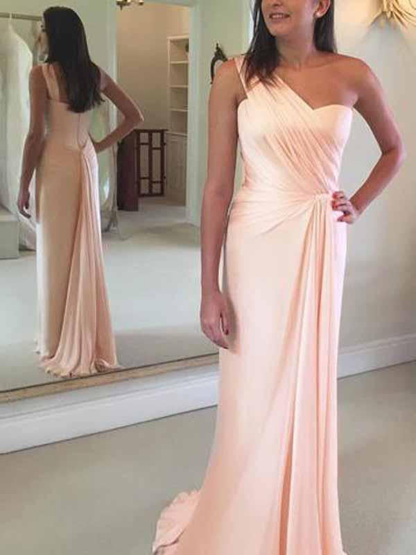 One Shoulder Prom Dresses Sheath Blushing Pink Long Cheap Simple Prom Dress JKL1698|Annapromdress