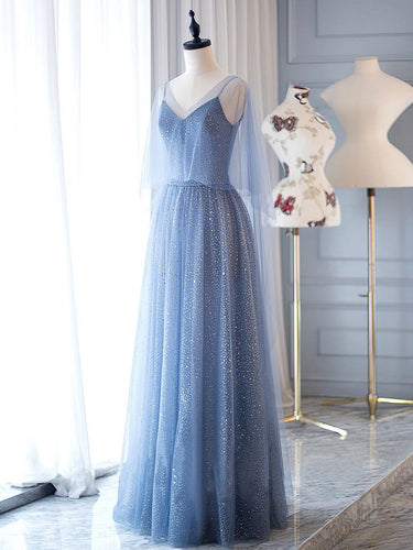 Lace Prom Dresses V Neck A Line Dusty Blue Long Sparkly Prom Dress JKL1703|Annapromdress