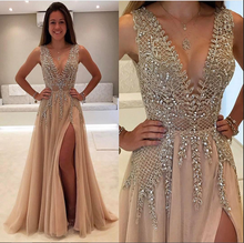 Beautiful Prom Dresses V-neck Slit Sexy Rhinestone Prom Dress/Evening Dress JKL175|Annapromdress