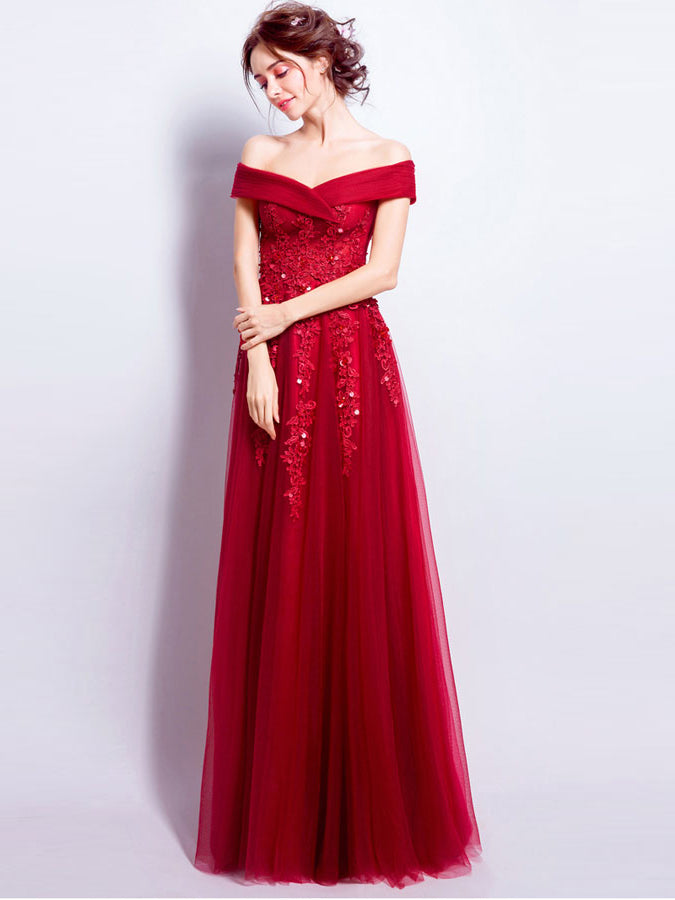 Burgundy Prom Dresses Off-the-shoulder Floor-length Tulle Prom Dress/Evening Dress JKL196