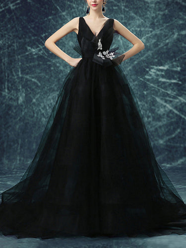 Black Backless Prom Dresses Straps A-line Sweep/Brush Train Prom Dress/Evening Dress JKL199