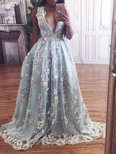 Sexy Beautiful Prom Dresses V-neck Short Train Hand-Made Flower Long Prom Dress/Evening Dress JKL200|Annapromdress