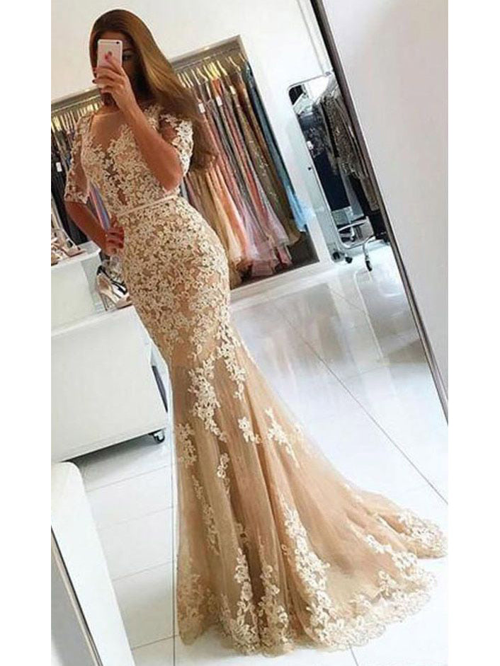 Chic Prom Dresses Appliques Scoop Floor-length Backless Prom Dress/Evening Dress JKL204