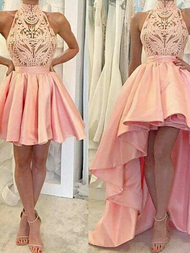 Chic High Low Prom Dresses Asymmetrical Appliques Pink High Neck Prom Dress/Evening Dress JKL331