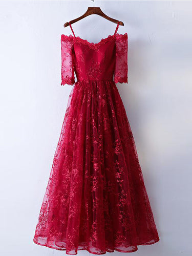 Burgundy Prom Dresses Off-the-shoulder A-line Sexy Prom Dress Lace Evening Dress JKL476