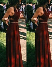 Two Piece Prom Dresses A-line Floor-length Burgundy Chiffon Cheap Prom Dress JKL485