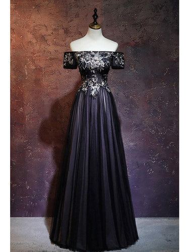 Black Prom Dresses Off-the-shoulder A-line Short Sleeve Long Prom Dress Evening Dress JKL513