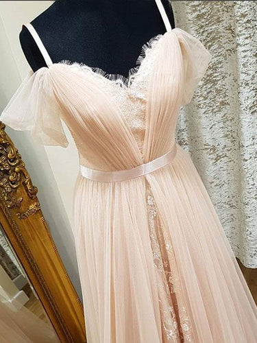 Chic Prom Dresses A-line Spaghetti Straps Tulle Lace Long Sexy Prom Dress JKL517