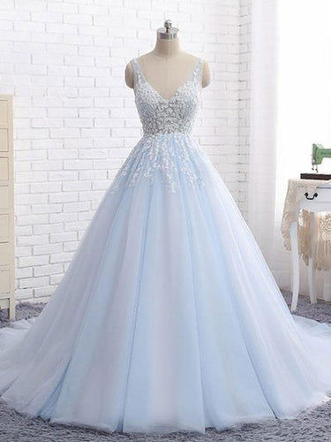 Ball Gown Prom Dresses V-neck Appliques Brush Train Long Prom Dress Sexy Evening Dress JKL523