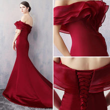 Burgundy Prom Dresses Off-the-shoulder Brush Train Lace-up Sexy Mermaid Prom Dress JKL524