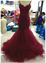 Mermaid Prom Dresses Spaghetti Straps Beading Sexy Long Burgundy Prom Dress JKL531