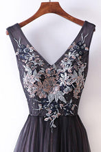Long Prom Dresses Straps V-neck A-line Embroidery Sexy Black Prom Dress JKL538