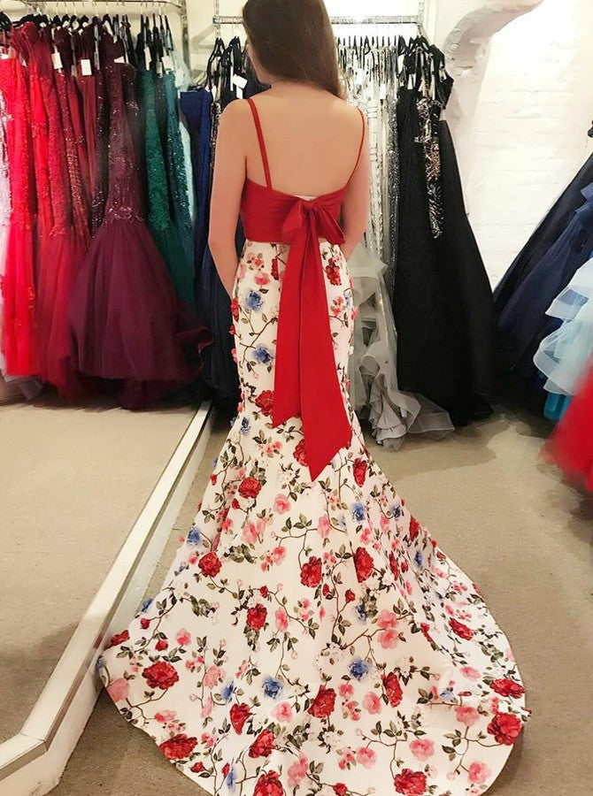two piece floral mermaid prom dress Mermaid Prom Dresses Spaghetti Straps Floral Print Long Prom Dress Sex –  Anna PromDress